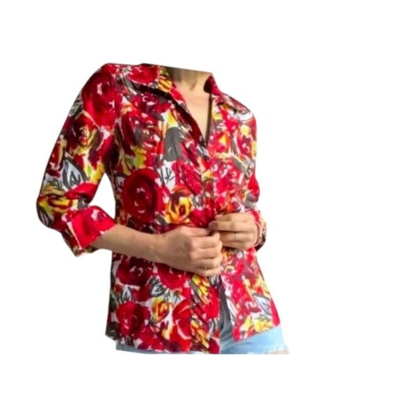 100% Linen Blouse Shirt Size Medium  Richard Malcolm Floral - Picture 1 of 10